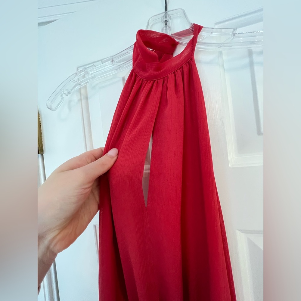 JetSet Diaries Chiffon Bright Coral Halter maxi dress, high leg slit, open back